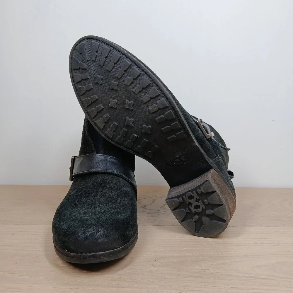 UGG Ankle Boots Womens 8.5 Black Suede Buckle Western Boho Moto Block Heel